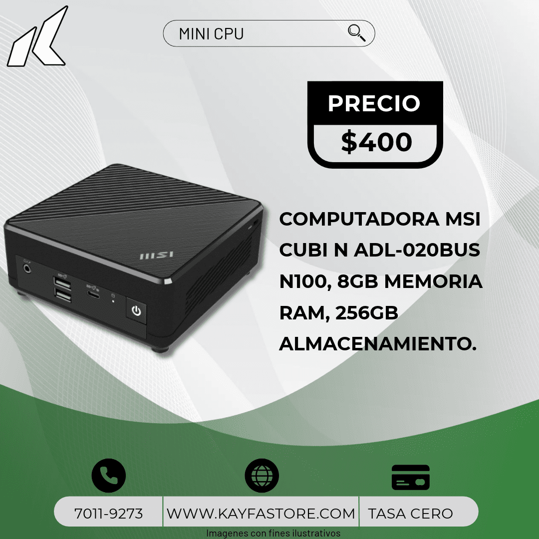 COMPUTADORA MSI CUBI N ADL-020BUS N100, 8GB MEMORIA RAM, 256GB ALMACENAMIENTO.